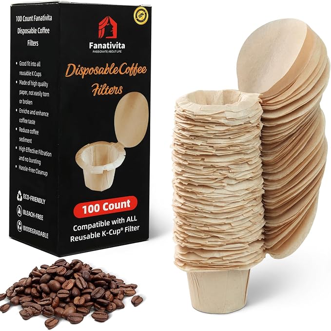 100 Count Fanativita K Cup Filters Disposable with Genius Lid Design, Fit All Reusable K Cups for Keurig (Unbleached)