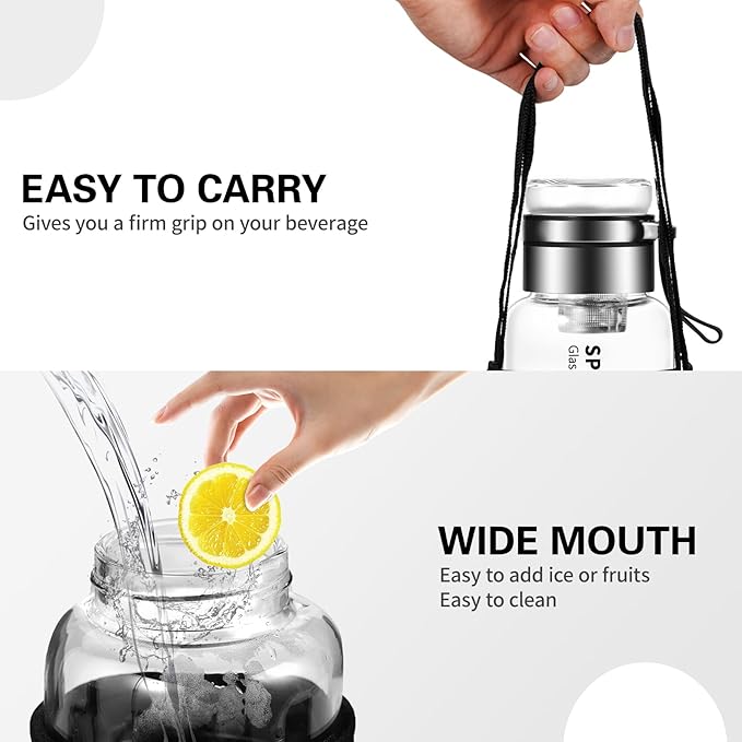 32 oz Glass Water Bottles - Large, Clear, Borosilicate Glass Water Bottle with Stainless Tea Infuser - Cup-Function Lid, Neoprene Sleeve, Strap - Wide Mouth BPA free, for Tea, Beverages, Juice