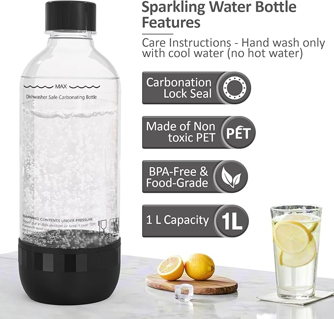 Soda Bottles 1 Litre - Set of 2 BPA-Free PET Reusable - 1 x Black & 1 x White Sparkling Water Bottles Compatible with Soda Machine & Water Carbonator
