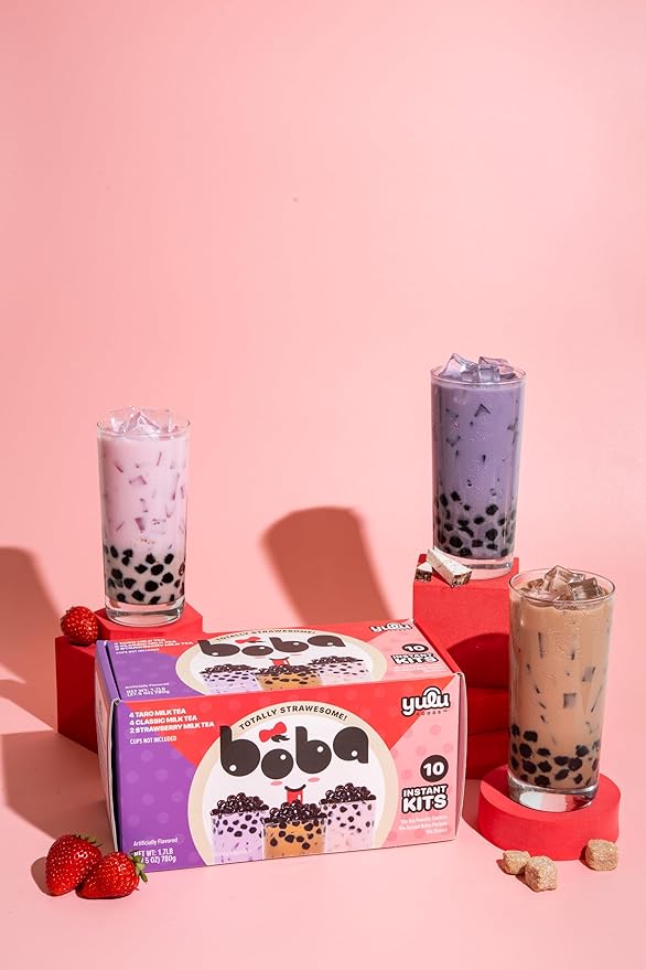 Boba Bundle Kit 10 Serv. Instant Bubble Pearl Variety Milk Tea Kit with Authentic Brown Sugar Tapioca Pearls by Yulu Foods - Ready in Under 1 Minute, Includes Paper Straws - Gift Box, Holiday (Classic, Taro and Strawberry)
