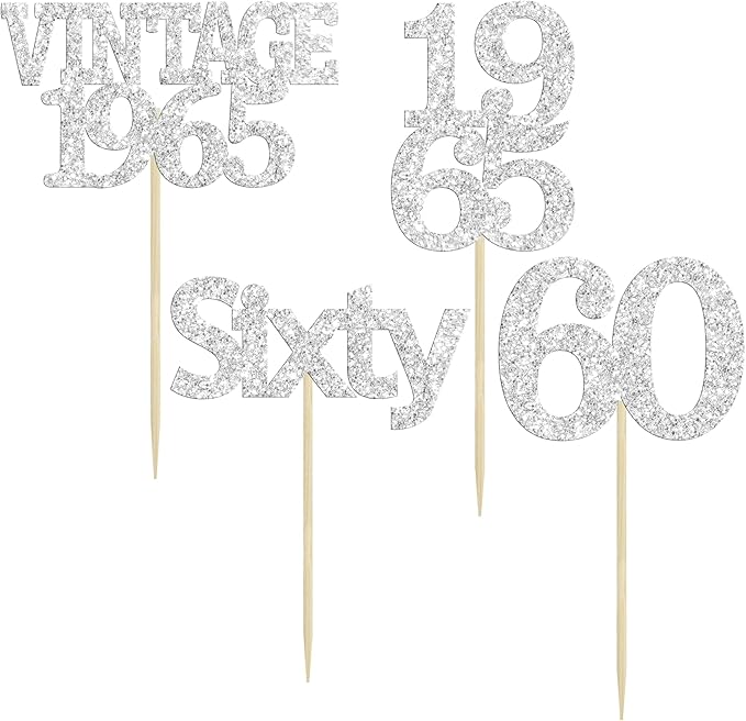 Gyufise 24Pcs 60th Birthday Cupcake Toppers Cheers to 60 Fabulous Sixty Cupcake Picks Vintage 1965 Decorations for 60th Birthday Wedding Anniversary Party Cake Decorations Supplies Silver