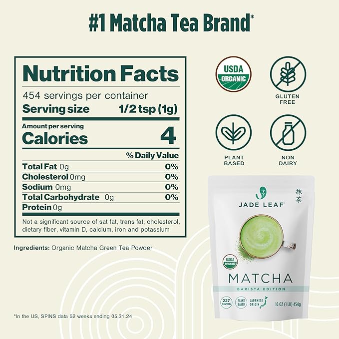 Jade Leaf Matcha Organic Premium Ceremonial Grade Matcha Green Tea Powder - Japanese - Culinary, Ingredient, Ceremonial Barista Teahouse, Latte, Collagen, 16 Ounce (Pack of 1), Ceremonial Barista