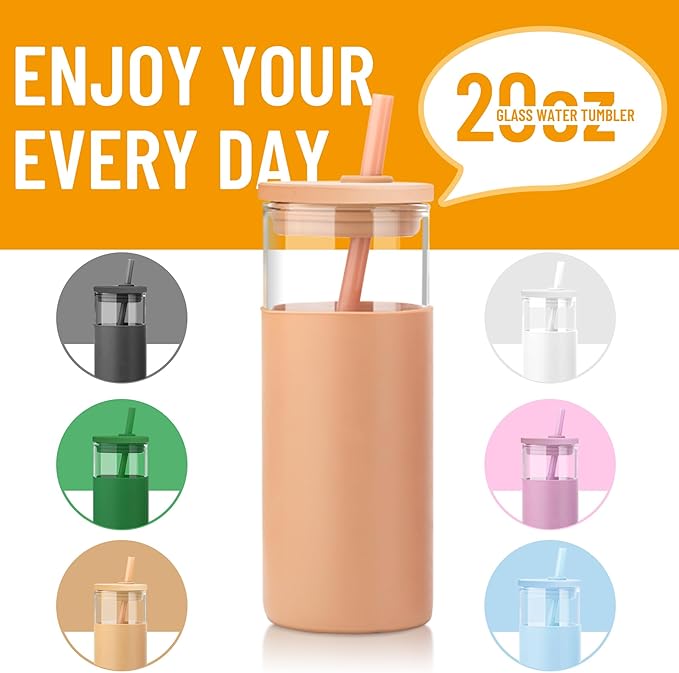 Tronco 20 oz Glass Tumbler With Lids and Straws, Reusable Smoothie Cups With Silicone Lid, Iced Coffee Cup With Silicone Protective Sleeve, Dishwasher Safe- BPA Free（Light Purple 1 Count）