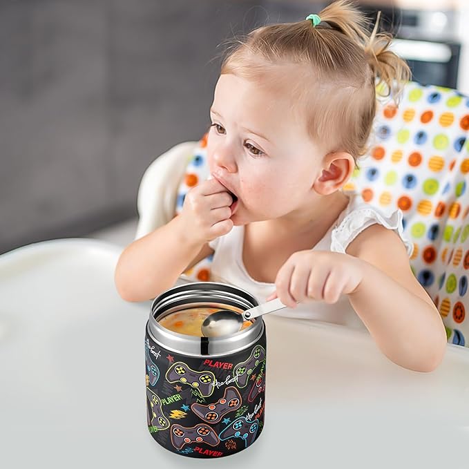 17oz Soup Thermo for Hot Food Kids Insulated Vacuum Food Jar with Stainless Steel Spoon Wide Mouth Thermo Leakproof Lunch Food Container Kids Hot Lunch Box (Black-Game)