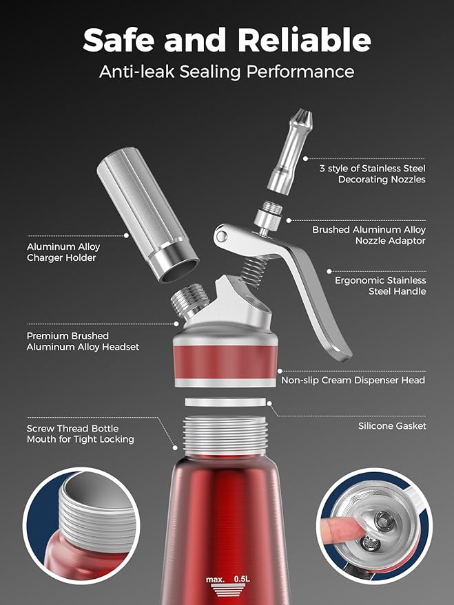 Whipped Cream Dispenser,Aluminum Cream Whipper 500mL/1 Pint,3 Decorating Nozzles,1 Brush, 1 Storage Bag,Homemade Whipped Cream Maker,Red