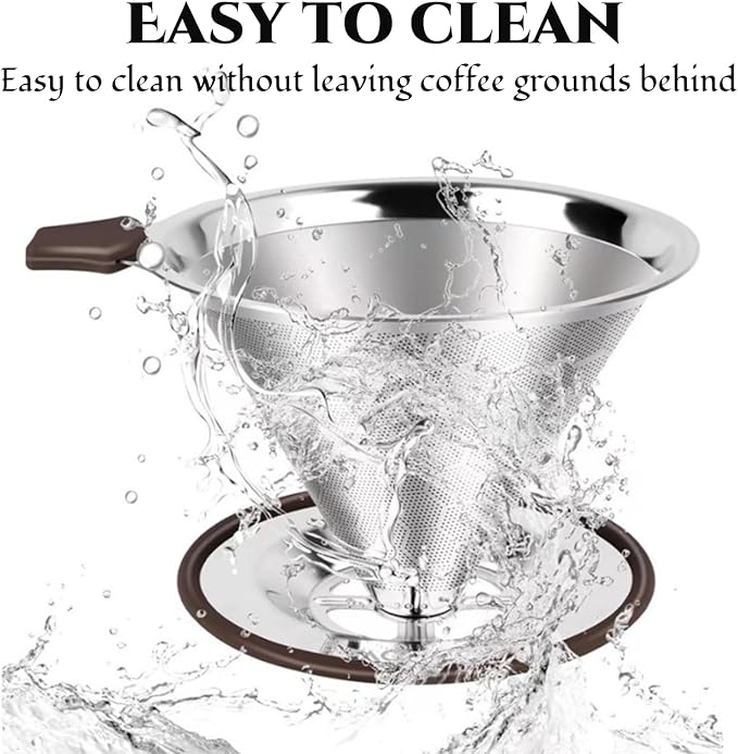 Reusable Paperless Coffee Filter V60,Coffee Dripper,Professional Stainless Steel Drip Cone Brew Coffee Strainer,Double Micro Mesh Filter,Coffee Filter Mug,Silicone Handle & Non-Slip Silicone Base (L)