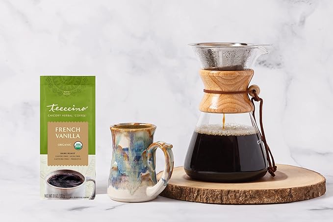 Teeccino Chicory Coffee Alternative – French Vanilla – Ground Herbal Coffee That’s Prebiotic, Caffeine-Free & Acid Free, Dark Roast, 11 Ounce