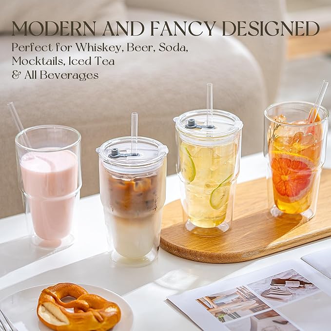KEMORELA 2 Pack Double Wall Borosilicate Glass Tumblers with Lids and Straws, 16oz Insulated Iced Coffee Cups, Reusable Smoothie and Boba Drinking Glasses, Dishwasher Safe