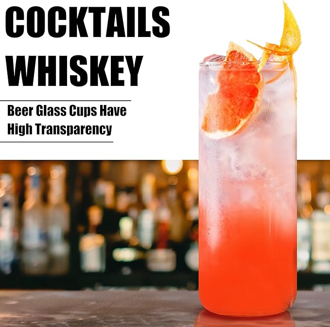 6 Pack 24oz Drinking Glasses Iced Coffee Cups Can Tumbler Glasses with Bamboo Lids and Straws Tumbler Glasses Cups Can Shaped Glass Gups Large Drinking Can Cups for Boba Smoothies Soda Juice Tea