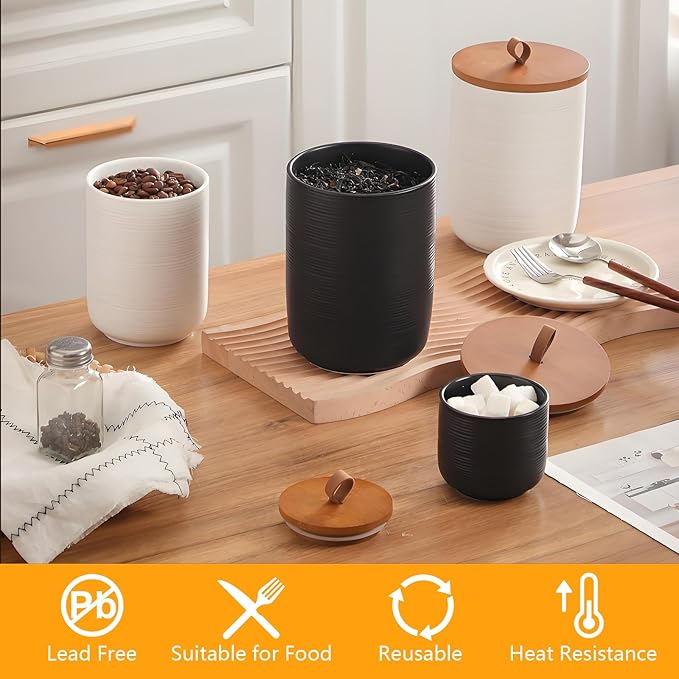 Food Storage Jar Strong Ceramic Storage Canisters with Airtight Wooden Lid,Kitchen Storage Containers for Serving Coffee Beans, Tea, Sugar, Salt, Spices (Little black)