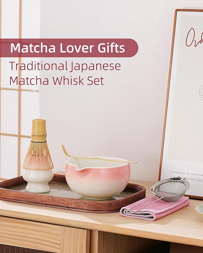 ZENS Pink Matcha Set, Matcha Whisk Set with 15oz Ceramic Bowl & (Chasen Holder), 6pcs Matcha Kit with Bamboo Scoop and Sifter, Tea Towel for Matcha Lovers