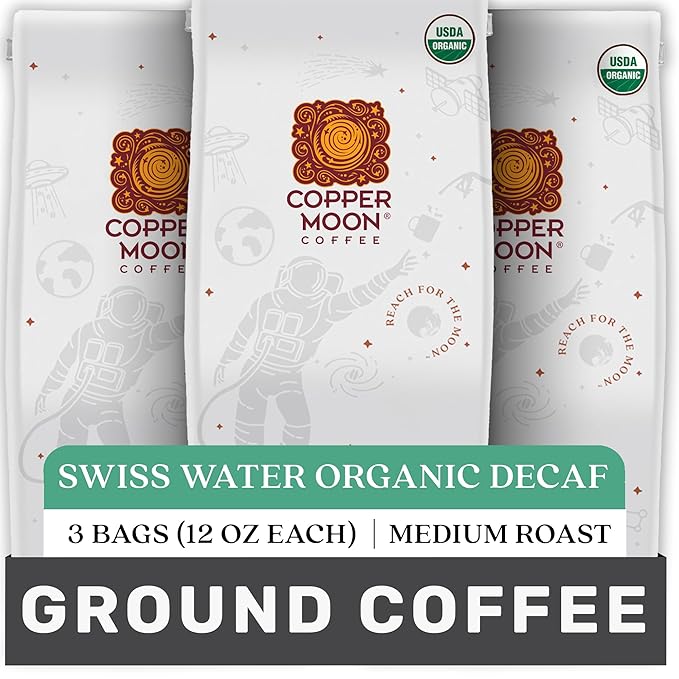Copper Moon Ground Coffee, Medium Roast, Swiss Water Decaf Blend, 3 Bags 12 oz. Each