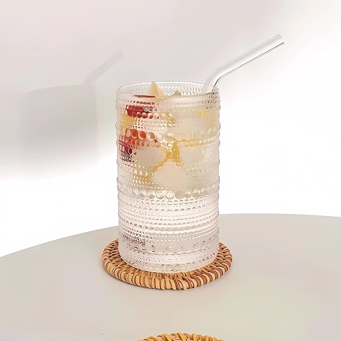 4 Pcs Iced Coffee Glasses Cups with Glass Lids and Straws,12 oz Thick Emboss Beaded Drinking Glass Cup Set,Latte Glasses,Ideal for Water,Soda,Gift - with Cleaning Brushe