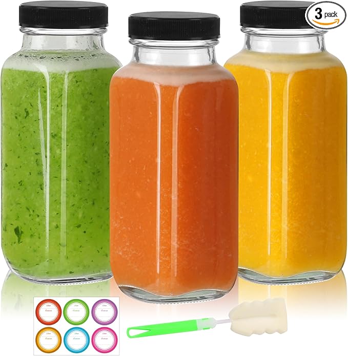 8 oz Glass Juice Bottles with Lids 3 Pack,Reusable Glass Drink Bottles,250ml Water Drinking Jars for Milk,Juicing,Kombucha,Ginger,Beverage Glassware,Juice Drinking Jars