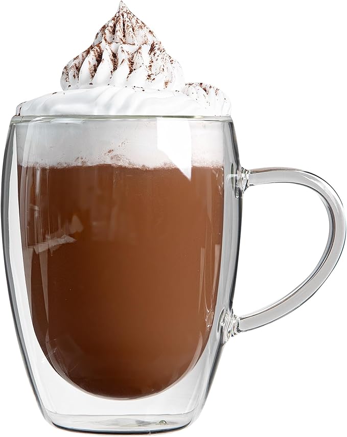 Restaurantware-Forma Professional 11.8 Ounce Glass Coffee Cups, 12 Insulated Coffee Cups With Handle - Dishwashable, Reusable, Clear Double Wall Beverage Tumblers, Freezable For Hot Or Cold Beverages