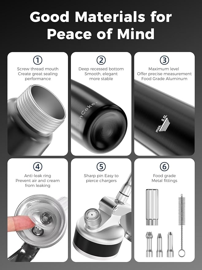 Professional Aluminum Whipped Cream Dispenser – 500 mL / 1 Pint, Includes 3 Decorating Nozzles, Cleaning Brush & Storage Bag – Ideal for Desserts, Coffee & Pastries (N₂O Chargers Not Included)