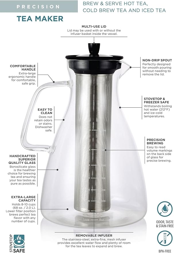 Teabloom Extra-Large Multi-Brew Glass Teapot + Kettle + Pitcher (68 OZ / 2.0 L / 8 CUPS) – For Hot Tea, Iced Tea, Cold Brew Tea and Fruit Infused Water – Volume Markings For Precise Brewing