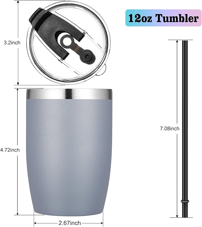 VEGOND Stainless Steel 12 oz Tumblers bulk Vacuum Insulated Double Wall Travel Tumbler with Lid and Straw Reusable Tumbler, Grey 6 pack
