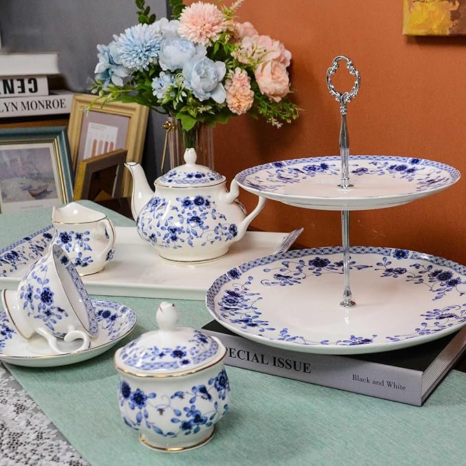 Bone China Tea Set with 2-Tier Afternoon Tea Stand and Serving Trays