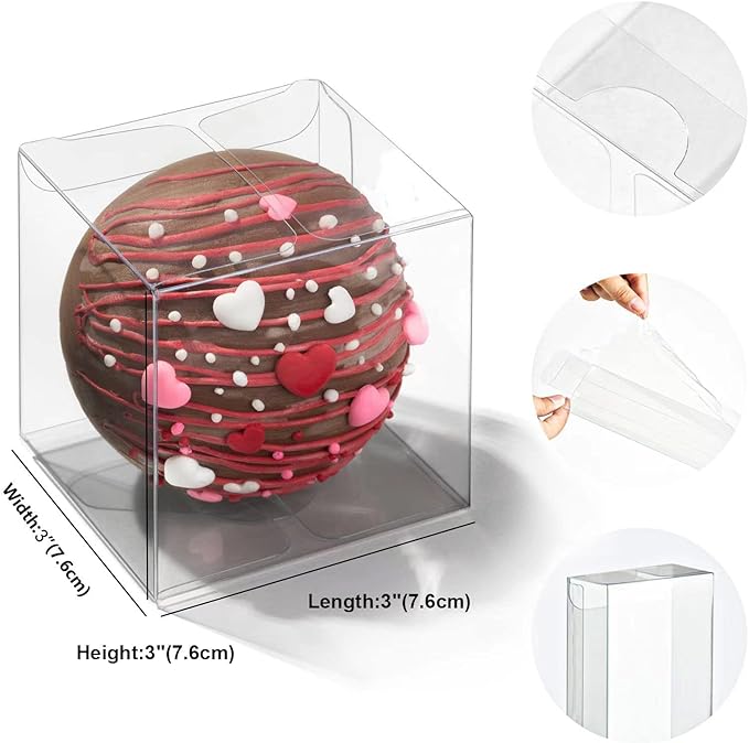 RomanticBaking 100 Pack 3x3x3 Inch Clear Hot Chocolate Bomb Boxes Small Gift Boxes for Cupcake,Candies, Birthday Wedding Party Favor Box
