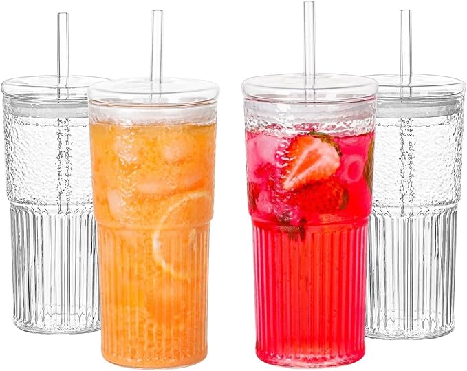 Glass Cups With Lids and Glass Straws，20 OZ 4pcs High Borosilicate Glass Tumbler Iced Coffee Water Smoothie