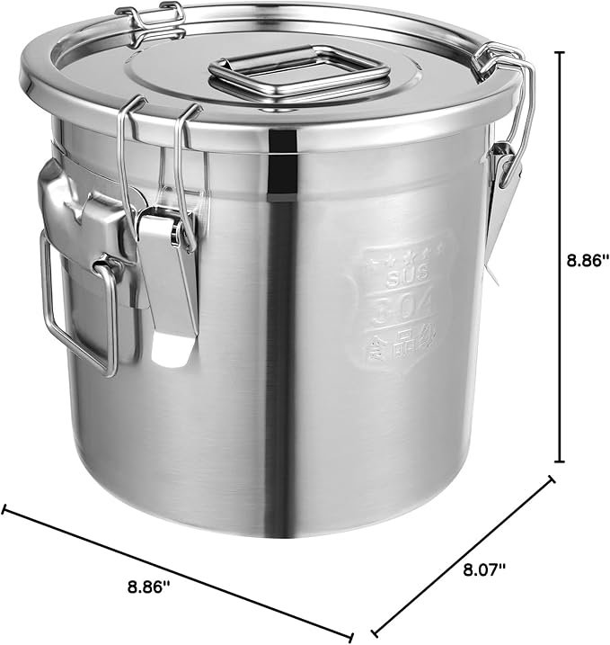 PERFERATE 304 Stainless Steel Airtight Canister 6L/12L Food Storage Bucket with Lids and Sturdy Locking Clamp Metal Cereal Rice Storage Container for Flour, Coffee Bean, Sugar, Cookie (6L)