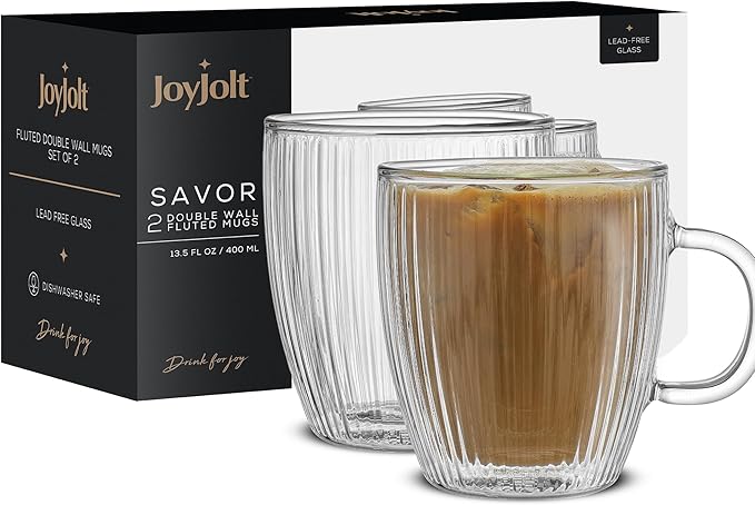 JoyJolt Fluted Glass Coffee Mugs, Double Wall Coffee Mugs. 13.5oz Clear Coffee Mug Set of 2. Latte Glasses, Glass Cappuccino Mugs, Clear Glass Coffee Mug. Ribbed Mugs