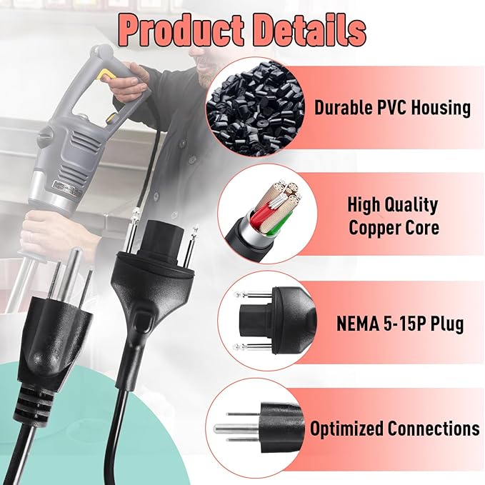 89143 Power Cord Replacement Compatible with Robot Coupe MP Series, 120V 150'' Black Immersion Blender Cord for MP350 MP450 MP550 MP600 MP800