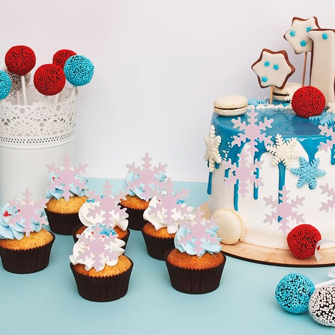 Gyufise 50Pcs Pink Edible Cupcake Cake Toppers Snowflake Cake Decorations for Christmas Winter Frozen Theme Party Supply Decoration