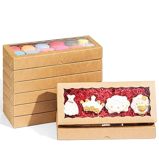 50PCS 12 x 5 x 1.5 inches Auto-Popup One Piece Premium Cookies Boxes, Macaron Boxes for 12, Kraft Brown Bakery Box for Holiday Cookie Gift Sets