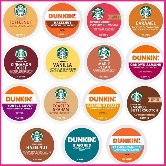 30 Count -- Flavored Starbucks & Dunkin Variety Pack Coffee Pods K Cup Sampler – Starbucks - Hazelnut, Cinnamon Dolce, Maple Pecan, Smoked Butterscotch, Toasted Graham, Caramel, Vanilla & Toffeenut. Dunkin - Turtle Love, Candy'd Almond, Caramel Me Craz...