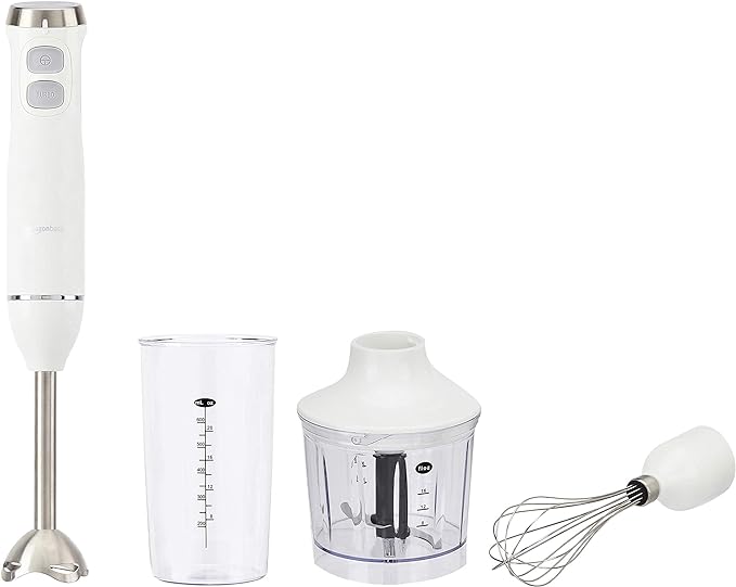Amazon Basics 300W 4-In-1 Immersion Blender Handheld, Emulsion Blender With Blending Stick, Whisk, Chopper and Beaker, Continuous Speed Control And Turbo Mode, 5-ft Power Cord, White
