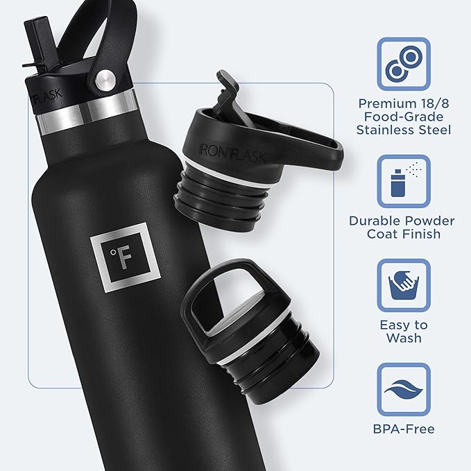 IRON °FLASK Camping & Hiking Hydration Canteens - 3 Lids (Narrow Straw Lid) Leak Proof Vacuum Insulated Stainless Steel - Hot & Cold Double Walled Sports Water Bottle - Dark Night, 24 Oz