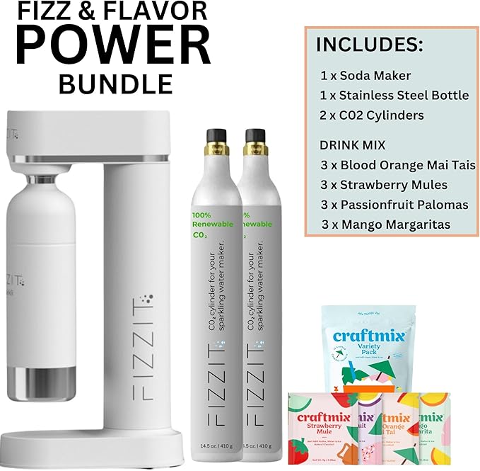 FIZZIT Fizz & Flavor Power Bundle | Soda Maker with 12-Flavor Drink Mix Variety Pack & 2 CO? Cylinders | Customizable Carbonation, Eco-Friendly, No Electricity Needed
