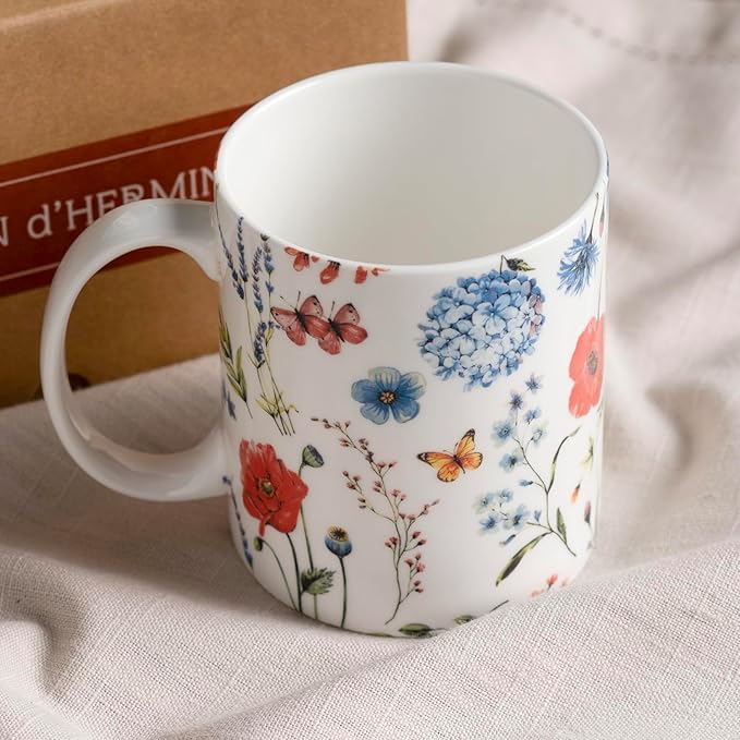 Maison d' Hermine Coffee Mug with Handles Fine Bone China Mugs Pack of Two Tea Cups for Hot Beverages Cappuccino Latte Home Restaurant Office Perfect for Gift (Just Floral, 12 Ounce)