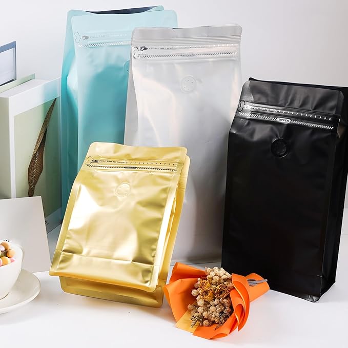 Coffee Bags with Valve (50 PCS,32oz/2lb) White High Barrier Aluminum Foil Flat Bottom Standing Coffee Beans Storage Packaging Bags, Reusable Heat Seal Side Zipper Pouches for Small Business and Home