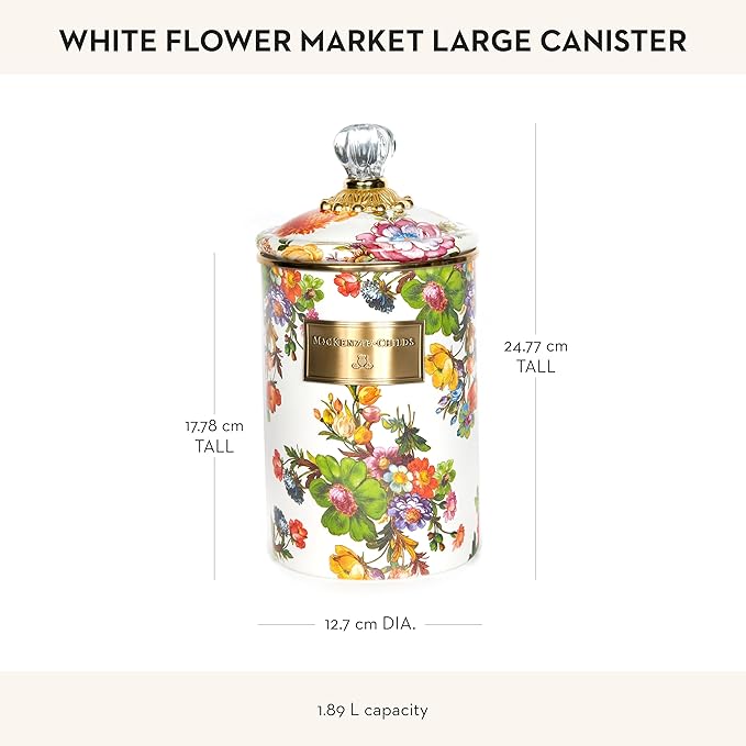 MACKENZIE-CHILDS Large Enamel Canister, Kitchen Storage Container for Flour and Sugar, 1.89 Liters, White Flower Market