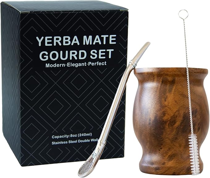 LA FEE Yerba Mate Natural Gourd/Tea Cup Set Brown (Original Traditional Mate Cup - 8 Ounces)，Includes Yerba Mate Straw & Cleaning Brush，Stainless Steel | Double-Walled | Easy to Clean (Brown)