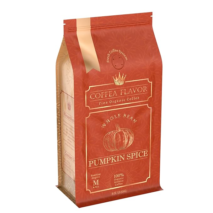 Pumpkin Spice Flavored Whole Bean Coffee – Gourmet 100% Organic Arabica, Single Origin, Medium Roast, Autumn Inspired, Naturally Sweetened – by Coffea Flavor