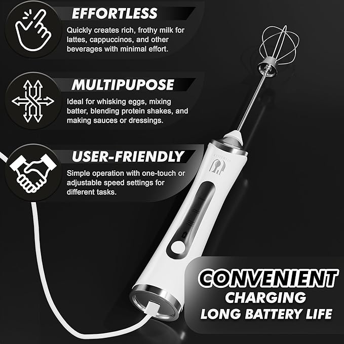 Rechargeable Handheld Milk Frother - Electric Foam Maker - Portable Coffee Frother Wand with 2 Heads - Stainless Steel Electric Whisk for Coffee, Latte, Cappuccino, Macchiato, Hot Chocolate (White)