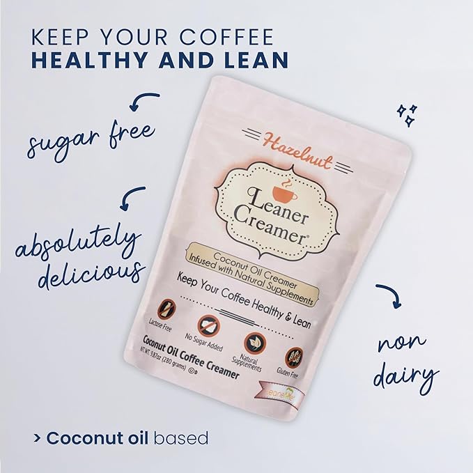 Leaner Creamer Coconut Creamer with Superfood Ingredients – Non-Dairy, Sugar-Free, Keto, Gluten-Free Powdered Coffee Creamer – Hazelnut Flavor – 280g