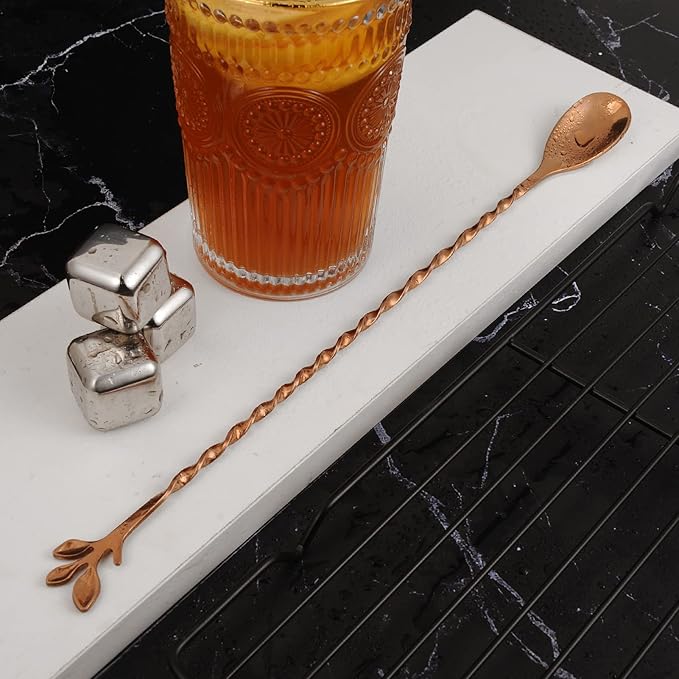 AnSaw Rose Gold 12-Inch Stainless Steel Cocktail Spoon with Leaf Handle - Perfect for Mixing & Layering Drinks in Tall Cups, Bar & Shakers - Durable Long Handle Bar Stirrer,2-Pieces