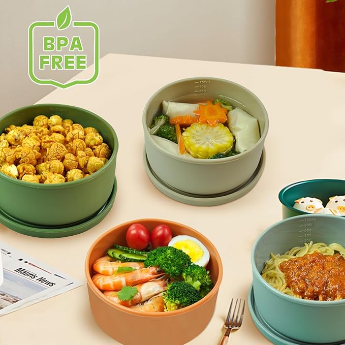 XU&PEIQI 24oz Covered Silicone Lunch Salad Bowl, Round Fruit & Snack Container, Perfect for Meal Prep & Leftovers, Soup & Stew Storage, Safe for Microwave, Fridge, Dishwasher, BPA-Free.(Brown)