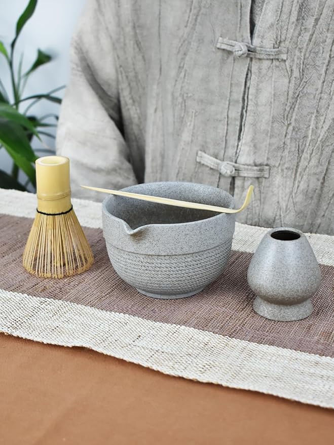 Artcome Minimalist Matcha Tea Set – 4-Piece Japanese Matcha Kit with Matte Speckled Ceramic Bowl & Spout, Bamboo Whisk, Holder, Scoop & Manual – Zen-Inspired Wabi-Sabi Tea Ceremony Gift Set