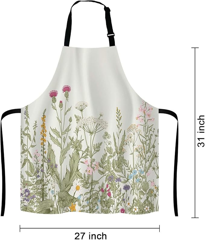 Herbs and Wild Flowers Bib Apron with Adjustable Neck for Men Women,Suitable for Home Kitchen Cooking Waitress Chef Grill Bistro Baking BBQ Cobbler Apron