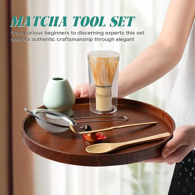 Matcha Whisk Set,MatchaSet with Bamboo Matcha Whisk and Ceramic Holder, Bamboo Scoop+Wooden Spoon,Scoop Holder,Sifter-Complete Matcha Tea Set,6 Pcs Matcha Kit,Tools for Matchas Ceremonial Grade Kit