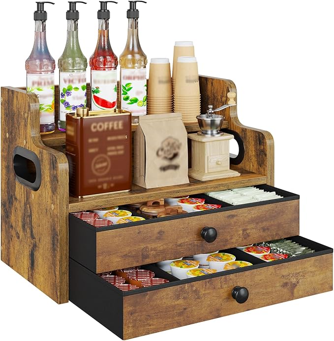 Wood Coffee Syrup Rack Organizer, 4 Tier Coffee Station Organizer with Drawers, Liquor Bottle Display Shelf for Coffee Bar Countertop