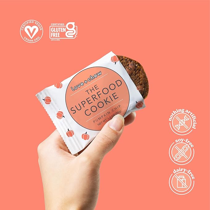 Love + Chew Superfood Soft Baked MINI Cookies, Pumpkin Chip Flavor, Plant Based Cookie Made With Almonds & Dark Chocolate for Kids and Adults, Vegan Snacks, Gluten Free, Paleo, Non GMO, 18 Pack