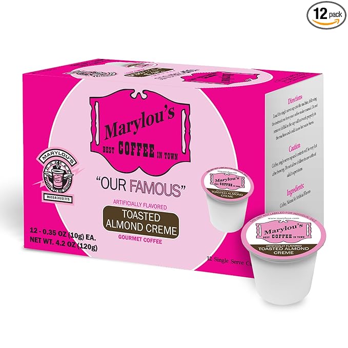 Marylou's Toasted Almond Creme Flavored Gourmet Coffee – Single Serve Coffee Pods, Compatible with Keurig Brewers – 12 Pods