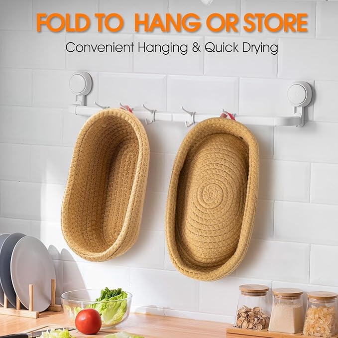 Cotton Rope Banneton Bread Proofing Basket Set - Includes handmade two round bread baskets with liners and covers. Ideal for sourdough bread baking supplies and starters